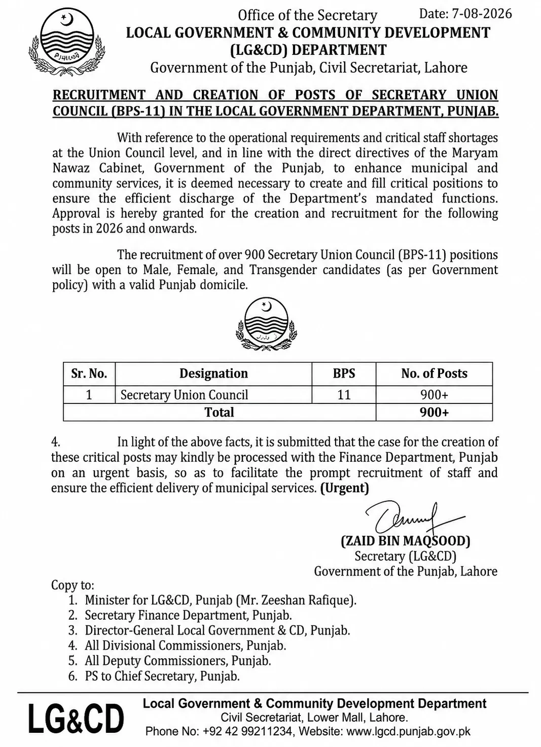 Punjab Union Council Jobs 2026 advertisement showing 900+ Secretary Union Council BPS-11 vacancies for male and female candidates