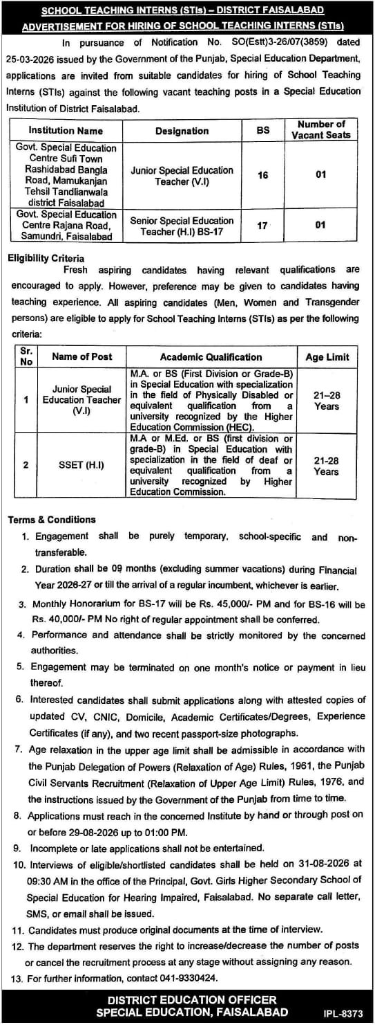 School Teaching Interns (STIs) Jobs 2026 Faisalabad