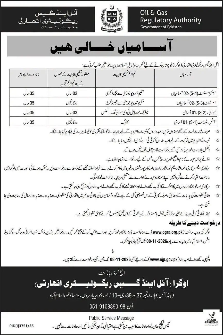OGRA Jobs 2026: Senior Assistant, Assistant, Driver & Office Attendant — How to Apply
